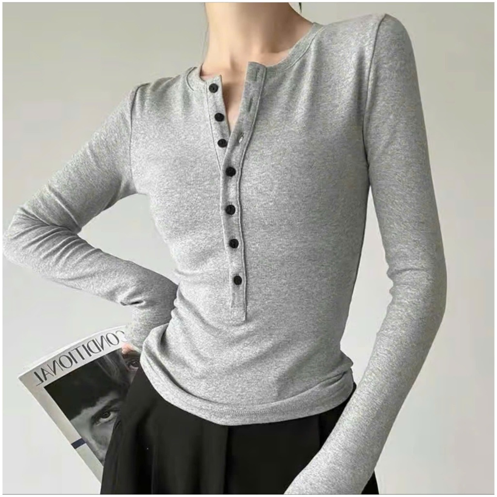 Áo Thun Tăm Thỏ Tay Dài Phối Cúc Ôm Body Tôn Dáng | BigBuy360 - bigbuy360.vn