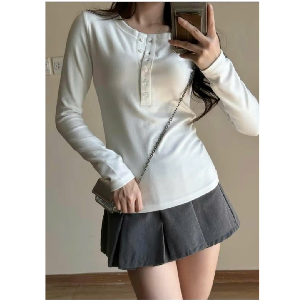 Áo Thun Tăm Thỏ Tay Dài Phối Cúc Ôm Body Tôn Dáng | BigBuy360 - bigbuy360.vn