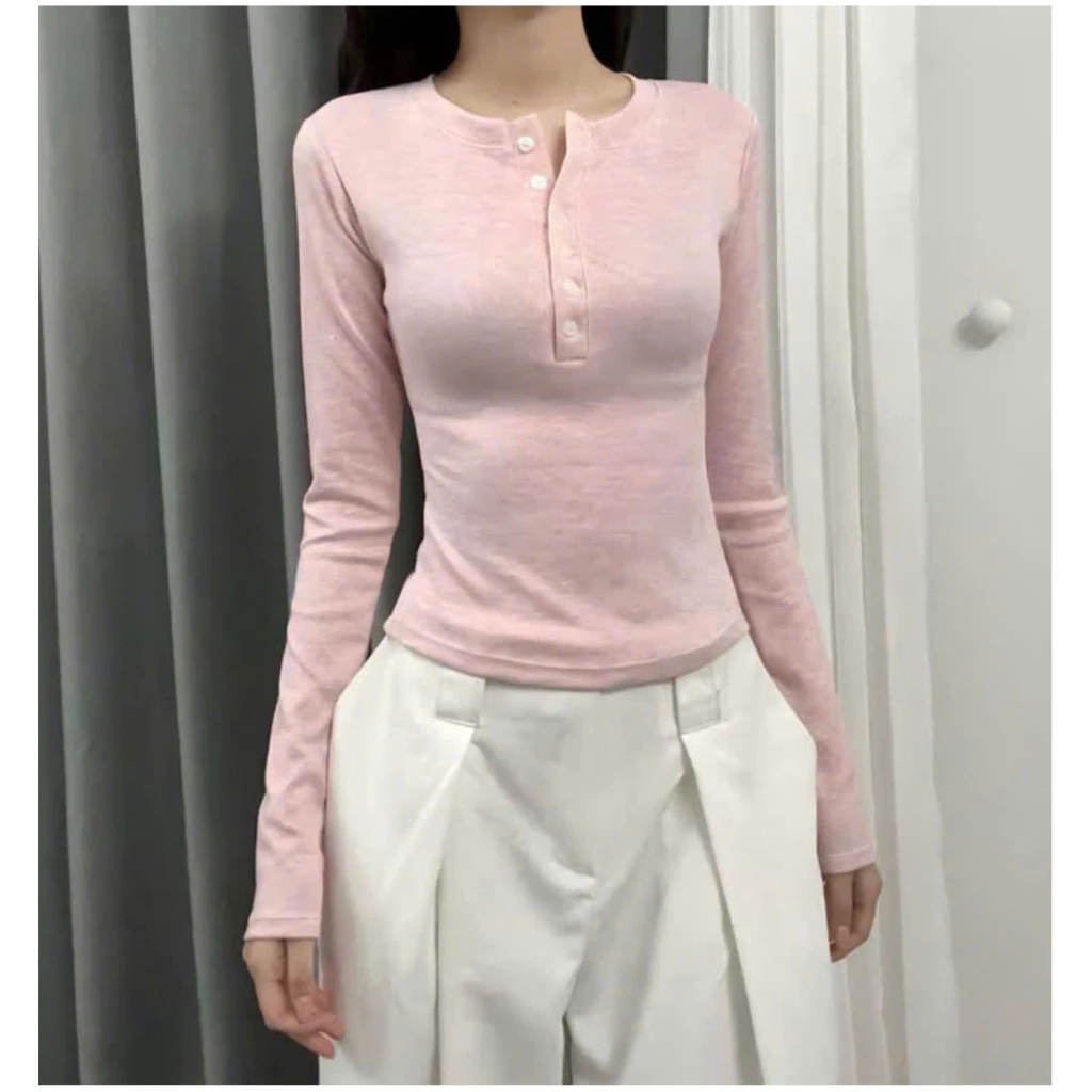 Áo Thun Tăm Thỏ Tay Dài Phối Cúc Ôm Body Tôn Dáng | BigBuy360 - bigbuy360.vn