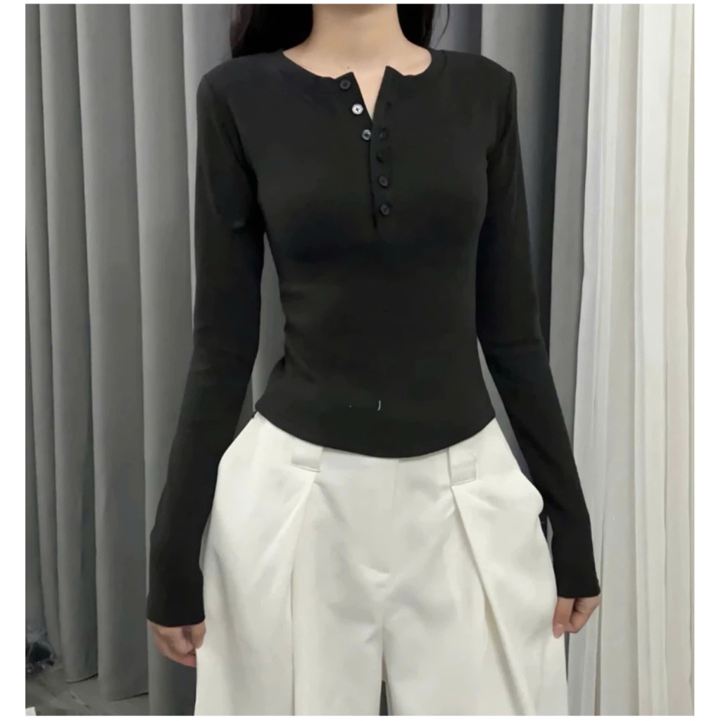 Áo Thun Tăm Thỏ Tay Dài Phối Cúc Ôm Body Tôn Dáng | BigBuy360 - bigbuy360.vn