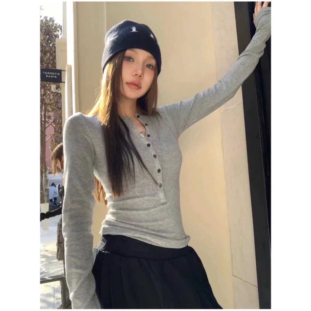 Áo Thun Tăm Thỏ Tay Dài Phối Cúc Ôm Body Tôn Dáng | BigBuy360 - bigbuy360.vn