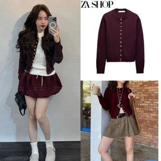 Áo Len Dệt Kim Cardigan ZA SHOP Cổ Tròn Dáng Ngắn Nhiều Cúc Màu Đỏ Tím - Mẫu Mới Hot Hit 2025