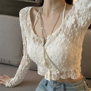 Áo khoác len nữ ren cardigan Croptop Ôm body Dáng ngắn sexy Đi quẩy bar pub Áo khoác ren len lửng nữ Ôm dáng
