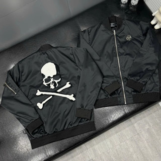 Áo khoác bomber gió nam nữ Philipp Plein thêu logo sắt ngực túi zip tay phối xương đầu lâu lưng cho các dân chơi dạo phố