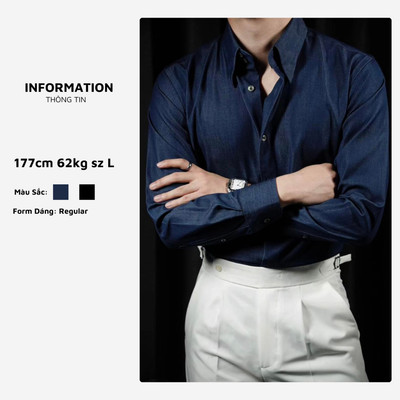 Áo sơ mi denim nam đen ARMCEO cao cấp cổ button down sang trọng -S07
