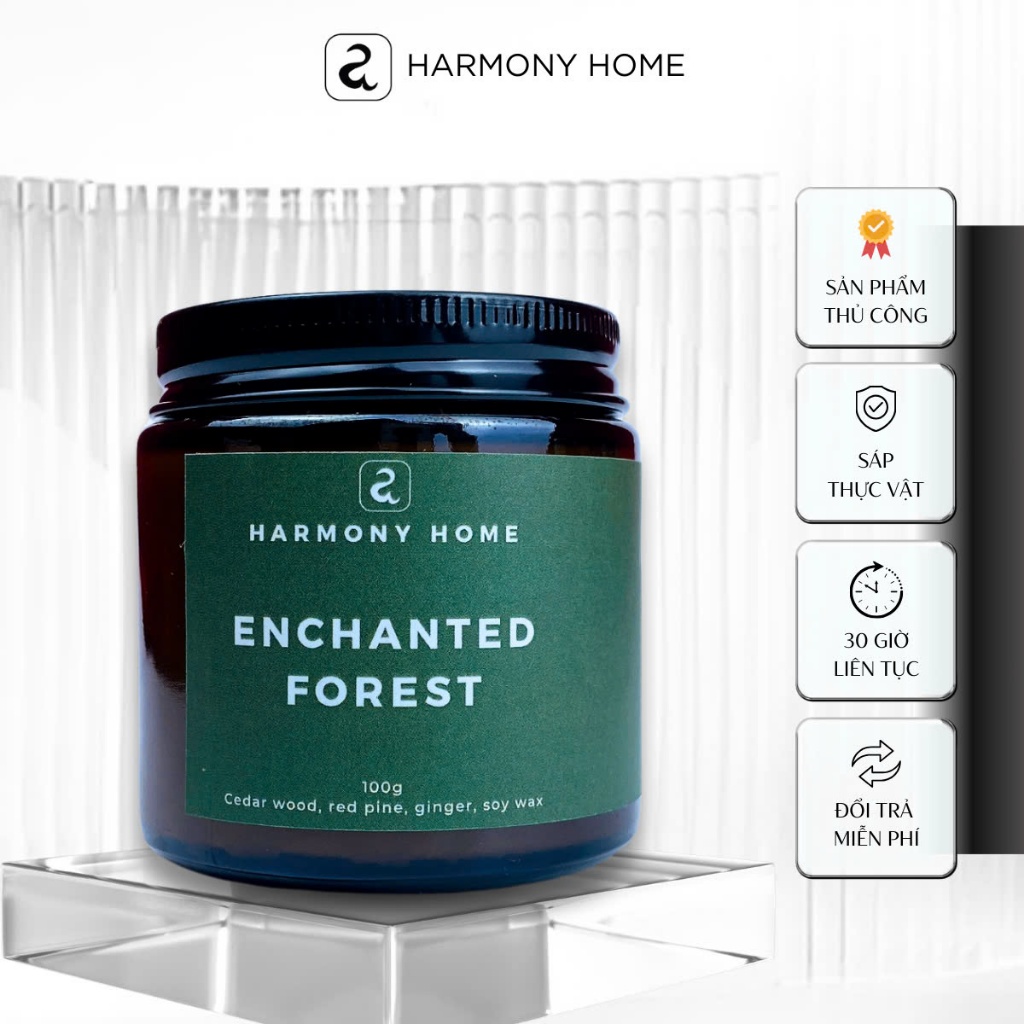 Nến thơm Enchanted Forest [A] Harmony Home – Hương gỗ tuyết tùng, thông đỏ, gừng,100g, sáp tự nhiên,