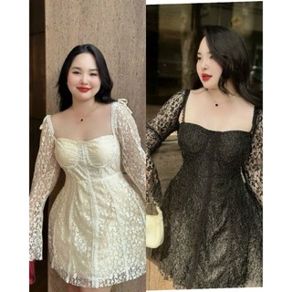 (Bigsize) Đầm dự tiệc chất ren cổ vuông tay dài có mút ngực (55-90kg)