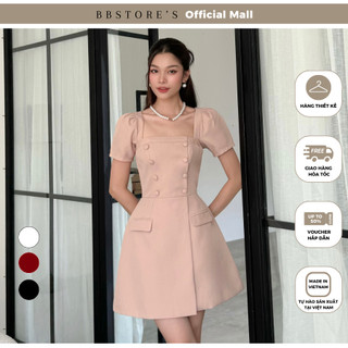 Đầm Xòe Tay Phồng Dự Tiệc Cổ Vuông Phối Nút Bọc Sang Trọng BBSTORE'S -D3130