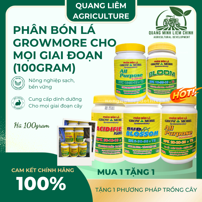 Phân bón lá Growmore (hũ 100gram) đủ các chỉ số 30-10-10; 20-20-20; 10-55-10; 6-30-30