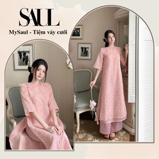Áo Dài Cách Tân Dáng Suông Màu Hồng Pastel Hoa Thêu Nổi Sang Trọng, Áo Dài Cách Tân 4 tà - Tiệm Váy Cưới MySaul