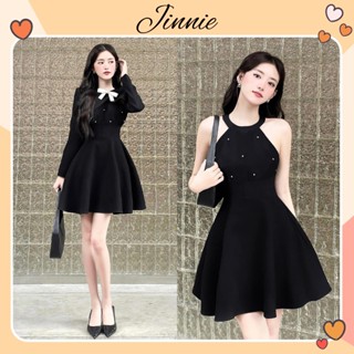Set váy dạ cổ yếm đính đá ngực mix áo khoác dạ nữ dáng ngắn kèm ghim nơ cài áo siêu xinh Jinnie Boutique