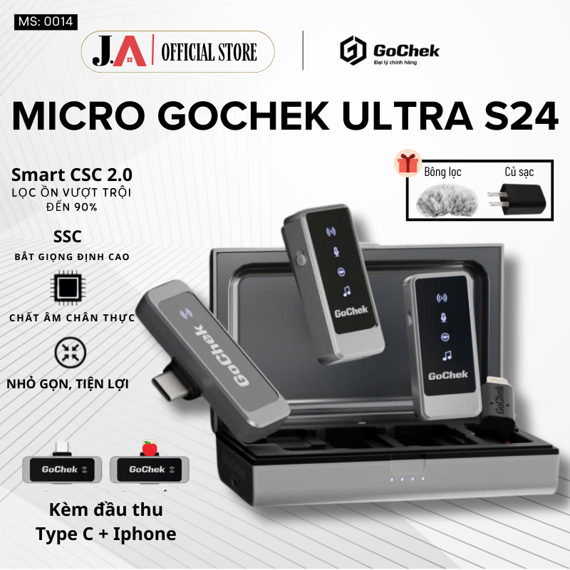 Micro thu âm không dây GoChek Ultra S24 Chính Hãng,Tích hợp 2 chân cắm Lọc Tạp Âm Giảm Ồn Chuyên Ngh