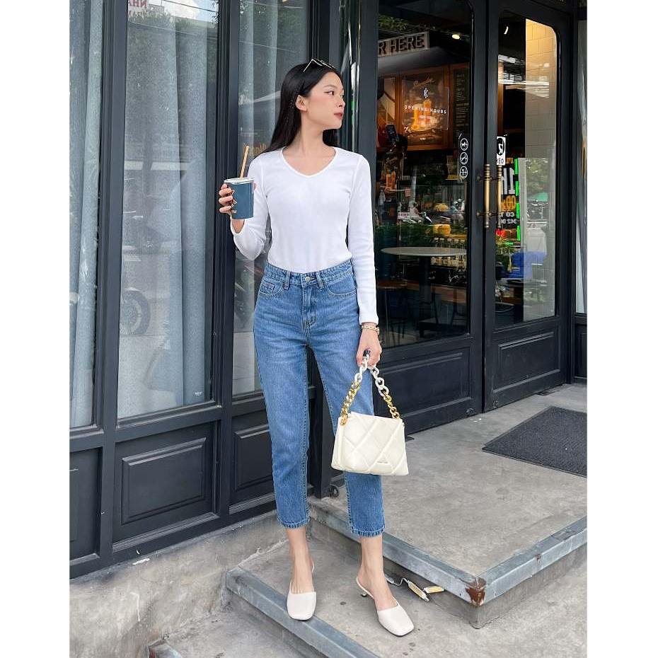 HASHTAGEM - Quần Signature Mom Fit Jeans MFJ.2 Màu Aqua Blue, Chất Cotton Cao Cấp (Baggy 9 Tấc)