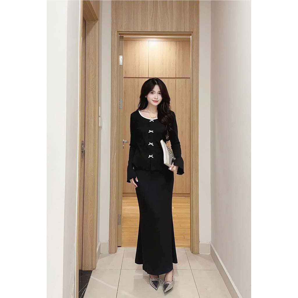 Set Áo Nơ Nhí Cổ Phối Viền Tay Loe Kèm Chân Váy Đuôi Cá Dáng Dài S766 Susstore Top Women | BigBuy360 - bigbuy360.vn