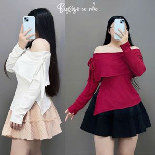 Set bộ Bigsize Nữ áo thun tay dài trễ vai cột nơ vạt chéo chân váy dáng A eo co giãn nhún bèo có bảo hộ- SET942