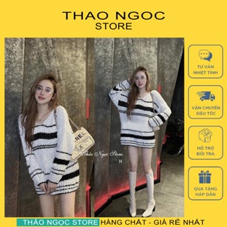  Áo len nữ tay dài form rộng cổ tim sọc kẻ giấu quần hàng nhập QC!  có sẵn,hình thật  THẢO NGỌC STORE 