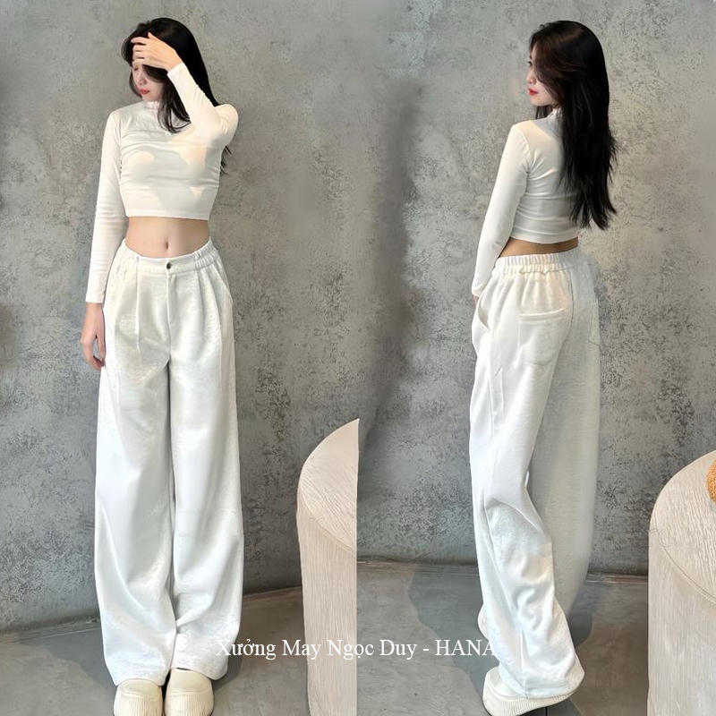 Quần ống rộng nỉ 1 khuy có túi trước sau A61 lưng thun xếp ly dáng quần nỉ ống suông rộng dài cạp ca