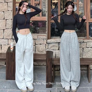  Quần nỉ nữ 2 da ống rộng suông có túi trước sau xếp li - Quần ống rộng 1 khuy cạp cao lưng chun mặc đi học công sở 