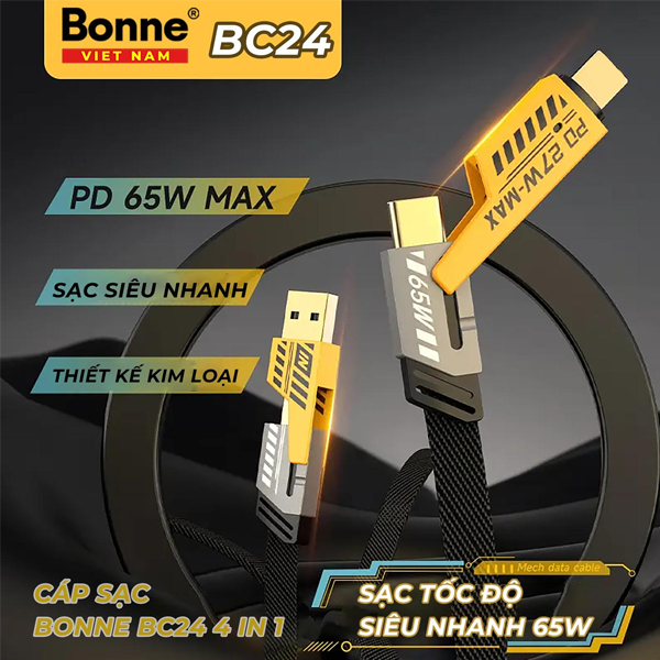 Cáp sạc nhanh BC24 điện thoại 4 in 1 by Bonne TECHNOLOGIQUE, 65W sạc chống gẫy chính hãng bảo hành 12 tháng | BigBuy360 - bigbuy360.vn