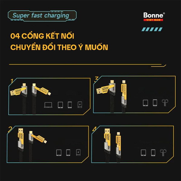 Cáp sạc nhanh BC24 điện thoại 4 in 1 by Bonne TECHNOLOGIQUE, 65W sạc chống gẫy chính hãng bảo hành 12 tháng | BigBuy360 - bigbuy360.vn