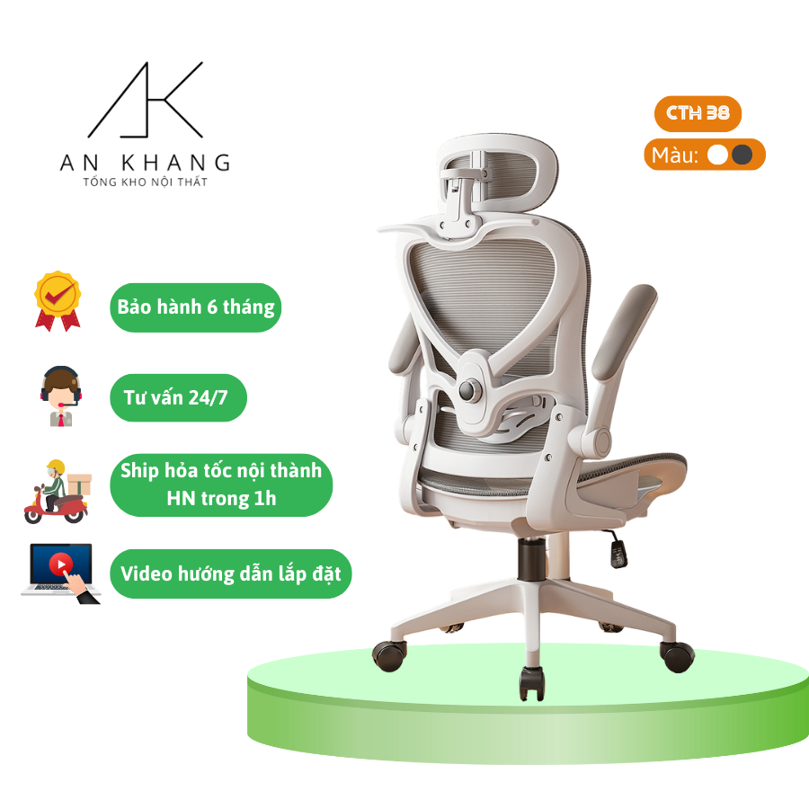 Ghế Xoay, Ghế Công Thái Học CTH38 FULL LƯỚI, Tay Nâng Hạ 90 độ, Gật Gù Lưng