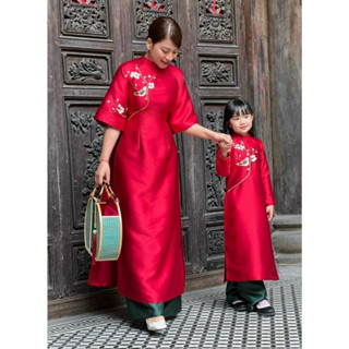  Áo dài cách tân mẹ và bé gái size đại từ 14-58kg Nhật Hà Kids thêu hoa đào chất TAFTA cho bé mặc tết. 