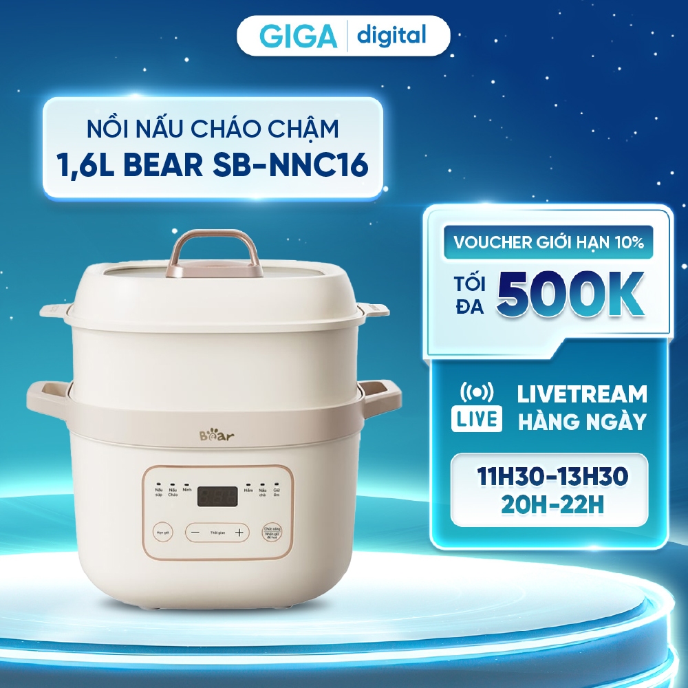 Nồi nấu cháo chậm 1,6L Bear SB-NNC16 - Tích hợp 6 chế độ nấu - Bản tiếng Việt