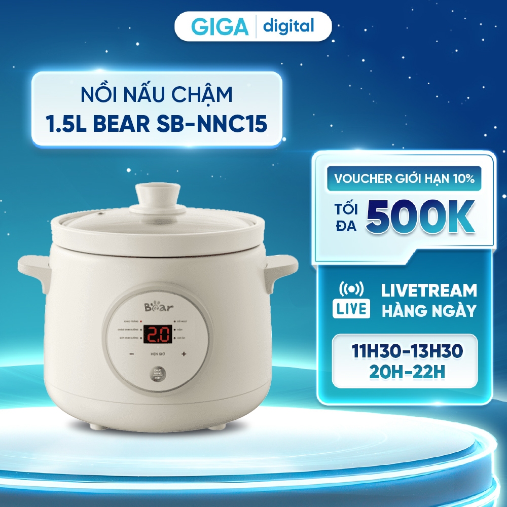 Nồi Nấu Chậm 1.5L Bear SB-NNC15 - Phiên bản tiếng Việt - Dễ sử dụng - 6 chức năng nấu sẵn