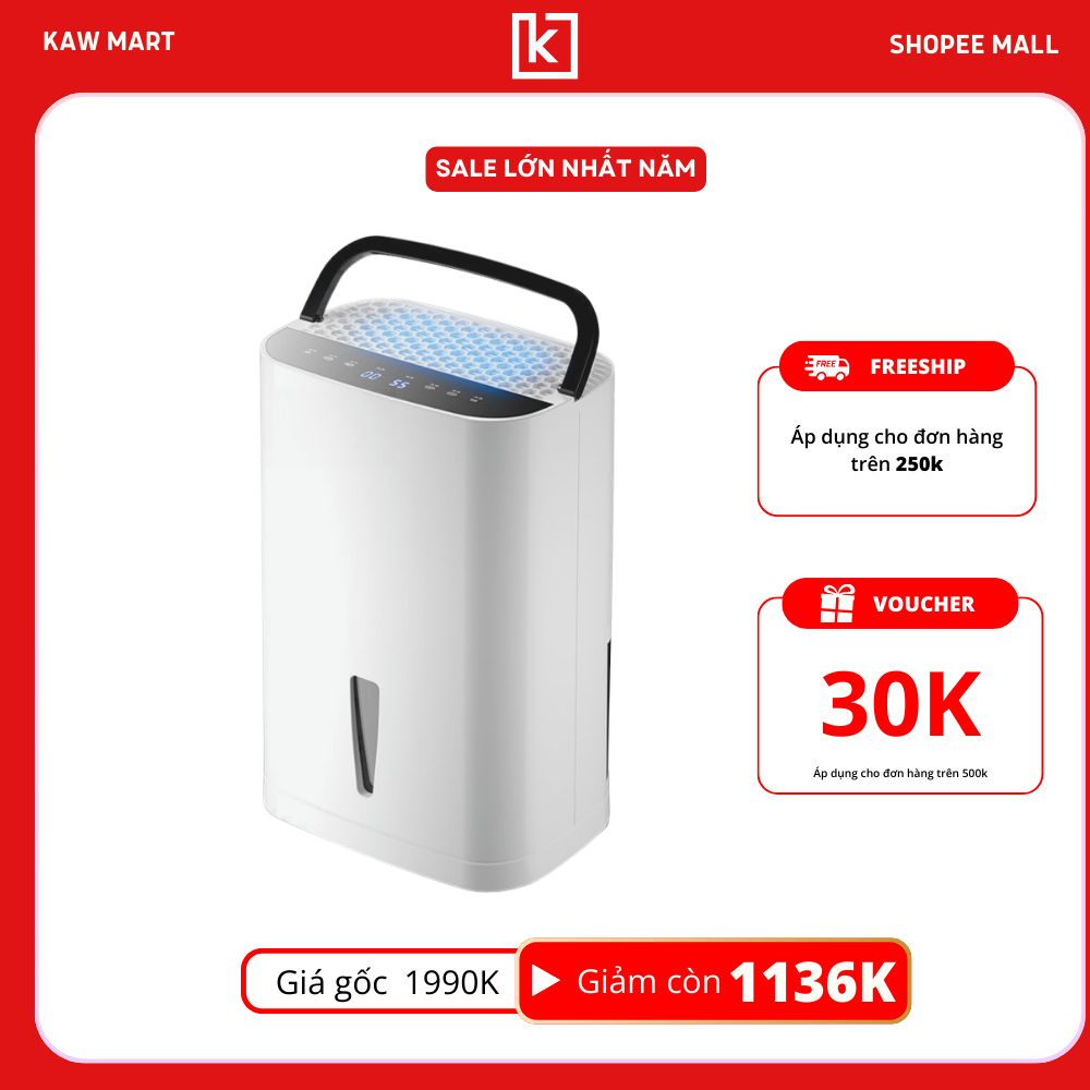 Máy hút ẩm lọc không khí KAW-K12L Dual Inverter 12L đèn hiển thị chỉ số, siêu tiết kiệm điện năng bảo hành 12 tháng