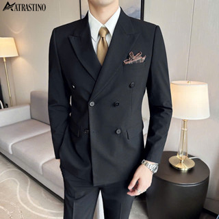 Áo Vest Nam 6 Cúc Vải Chéo 79 Cao Cấp  ATRASTINO , Bộ Comple Màu Đen 4 Lớp Có Đệm Vai Thanh Lịch,