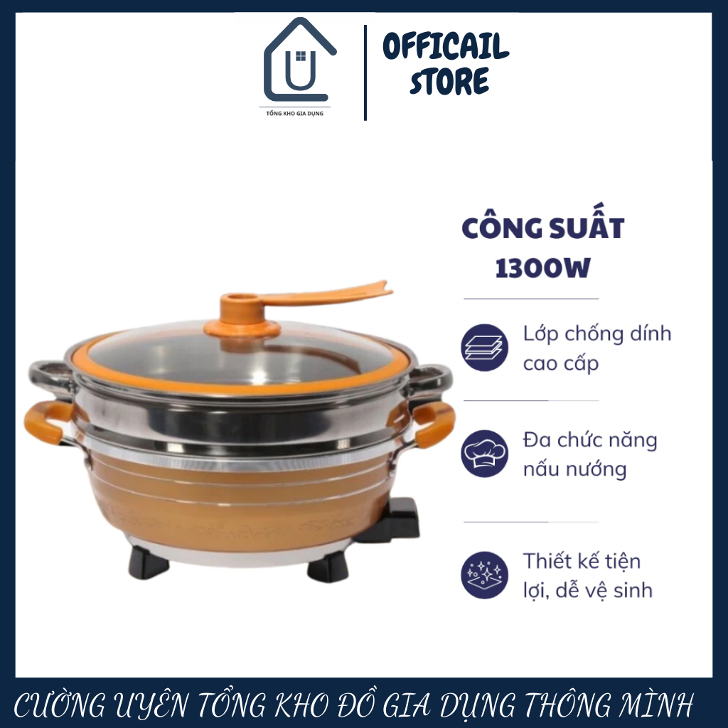 Chảo lẩu hai tầng đa năng cao cấp MD-EP7913, dung tích 3L5, công suất 1300W, tặng kèm vỉ hấp