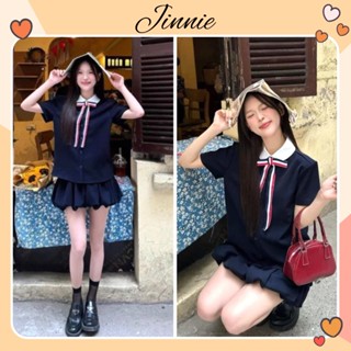 Set bộ nữ áo sơ mi tay ngắn cổ sen kèm ghim tag cài áo mix quần dáng bí jinnie boutique