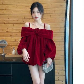  Đầm NHUNG dáng babydoll trễ vai dây đính bông tay dài bồng kèm quần rời bảo hộ 2 màu đáng yêu lựa chọn 
