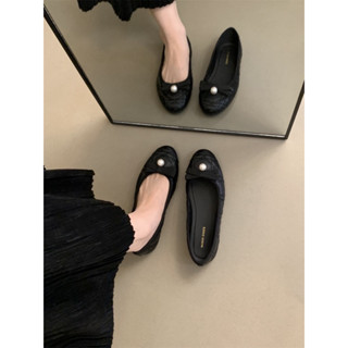 Giày búp bê nữ mũi tròn, da mềm trần chỉ, nơ đính ngọc sang trọng, M799