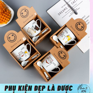 Cốc trà, cà phê,gốm sứ kèm thìa in họa tiết mèo hoạt hình dể thương.Ly cà phê sứ, kèm hộp quà tặng#