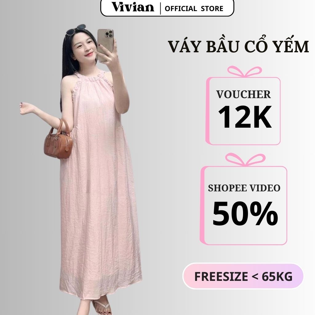 Váy bầu cổ yếm dúm dáng suông dài tiểu thư đầm maxi thiết kế đi chơi đi biển Vivian Clothing VB3