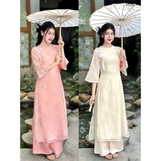 Set ÁO DÀI nữ cách tân tơ thêu nổi 4 tà tay loe lỡ phối quần suông lụa latin cao cấp BỐN màu tươi tắn mặc TẾT