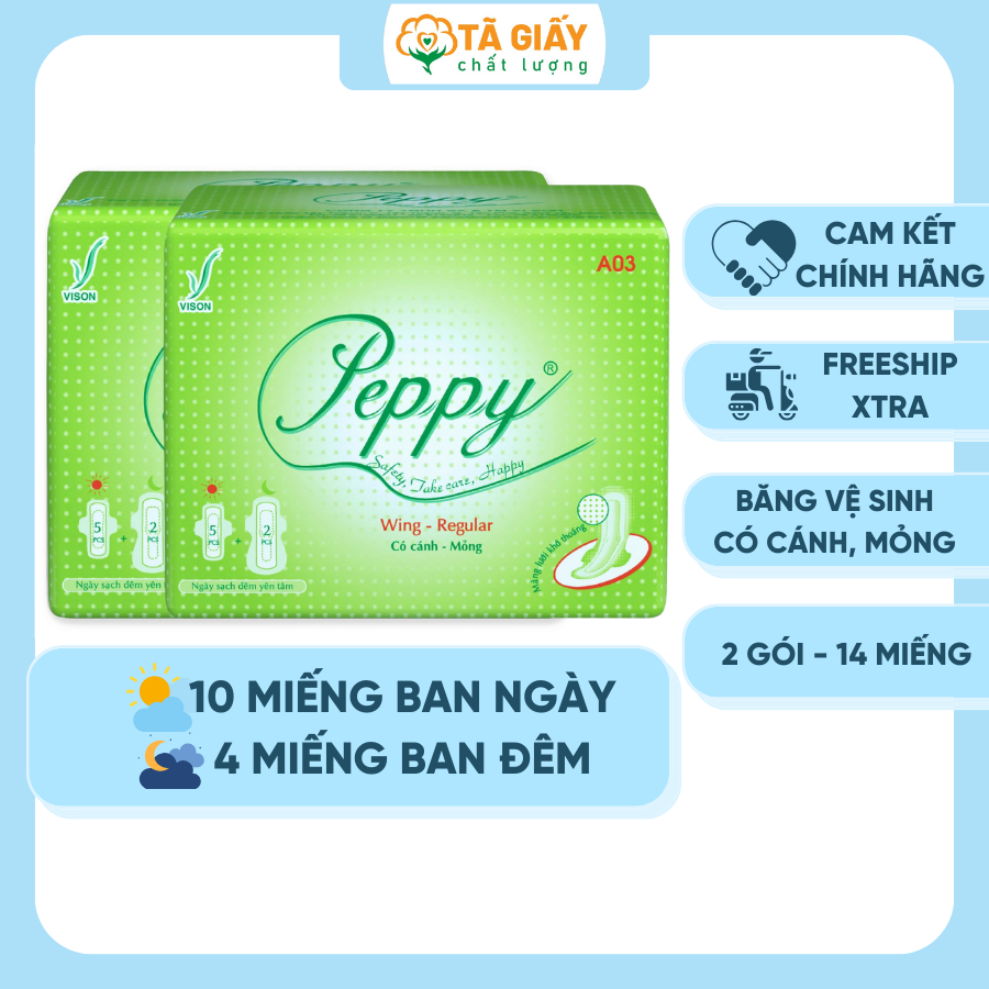 2 gói Băng vệ sinh Peppy  AO3 mặt lưới siêu thấm, mỏng cánh 2 miếng đêm, 5 miếng ngày