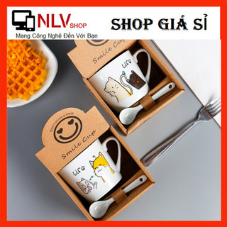  Cốc cà phê ly cafe sứ họa tiết hình mèo hoạt hình.Ly cốc kèm thìa sứ,Bộ ly làm quà tặng,trang trí# 