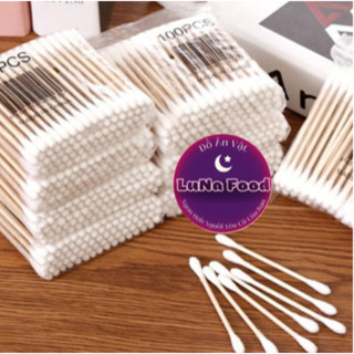 Tăm bông ngoáy tai,100 bông ráy tai thân gỗ khử trùng 2 đầu thân thiện với môi trường