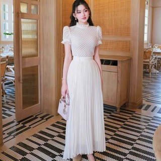 Sét đầm nữ đi tiệc sang chảnh áo ren phối chân váy xếp li dáng dài cao cấp màu trắng