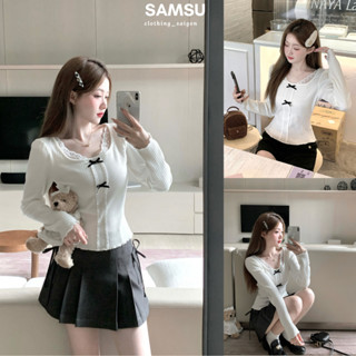 [ XẢ HÀNG] Áo Thun Len Dài Tay Kiểu Tiểu Thư Viền Bèo Cổ U Phối Ren Đính Nơ Phong Cách Hàn Quốc Samsu.clothing_saigon