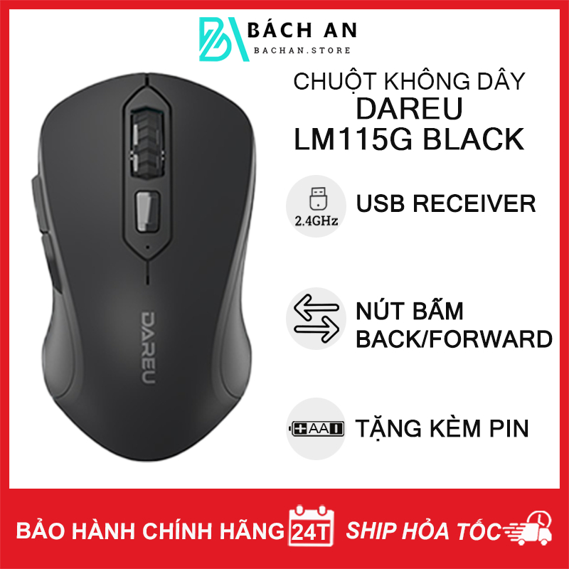 Chuột máy tính không dây DareU LM115G - Màu Đen - Tặng Pin - Hàng Chính Hãng - Bảo Hành 24 Tháng
