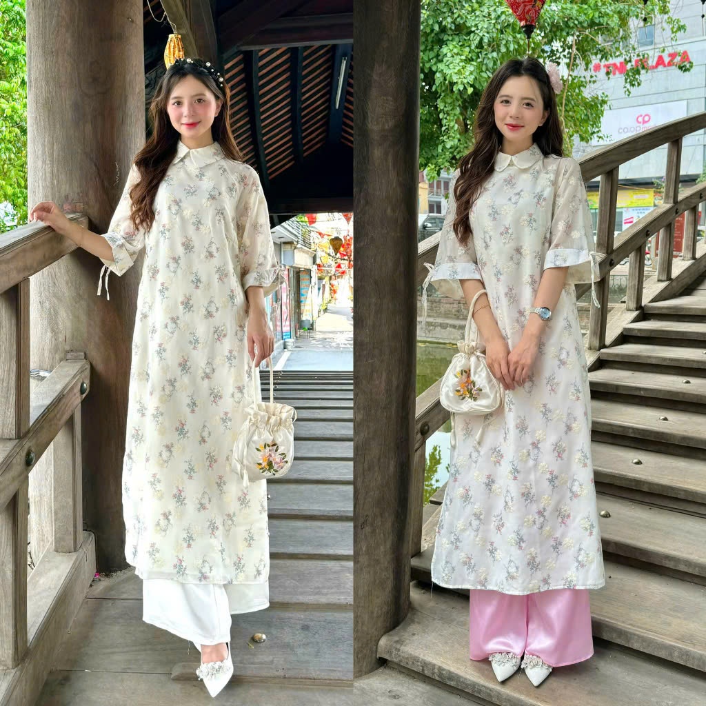 247store - Set Áo Dài Form Suông Họa Tiết Hoa Thêu Cổ Sen Đính Nơ + Quần Phi Bóng Màu Tím Aodai9558
