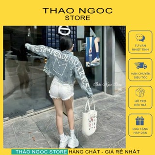 Áo khoác jean nữ croptop tay dài line rách tua lưng thêu chữ! (có sẵn, hình thật) THẢO NGỌC STORE