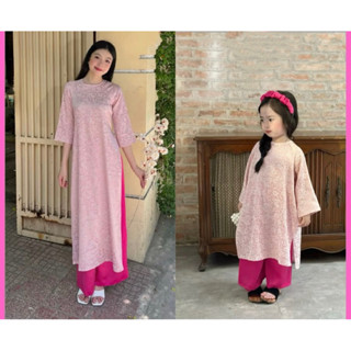 Áo dài đôi mẹ và bé dáng  suông gấm hồng phấn loại 1 siêu xinh ( tặng bờm cho bé)