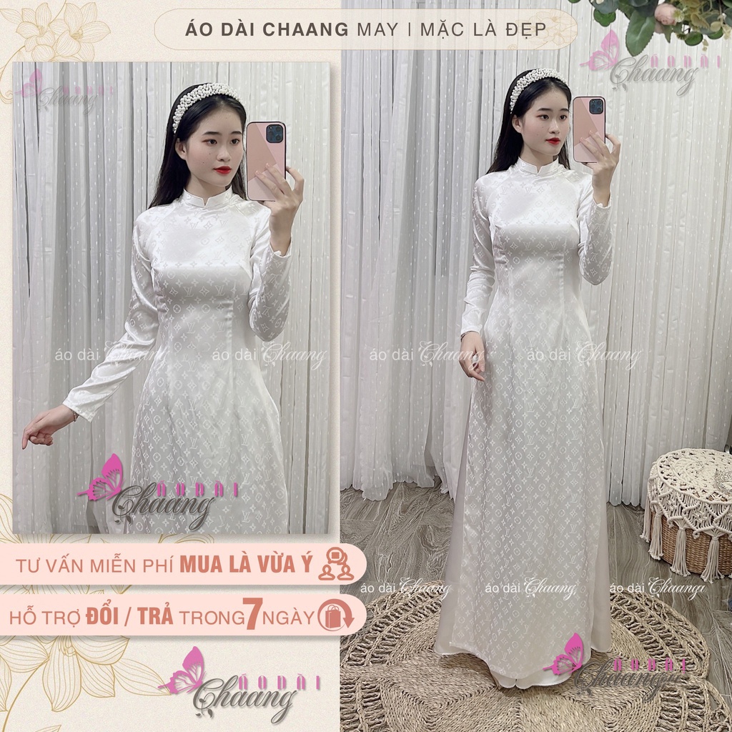 Áo dài Trắng Nữ Học Sinh đi học may sẵn áo dài cổ vuông, vải áo dài gấm LV đẹp ADC744