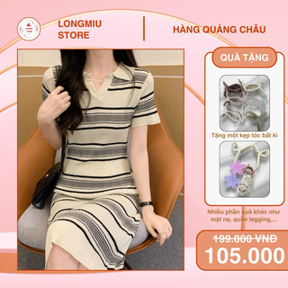 Đầm polo dáng dài kẻ sọc tay ngắn vay len cổ polo dáng dài tôn dáng chất liệu len dệt kim ( ODER )
