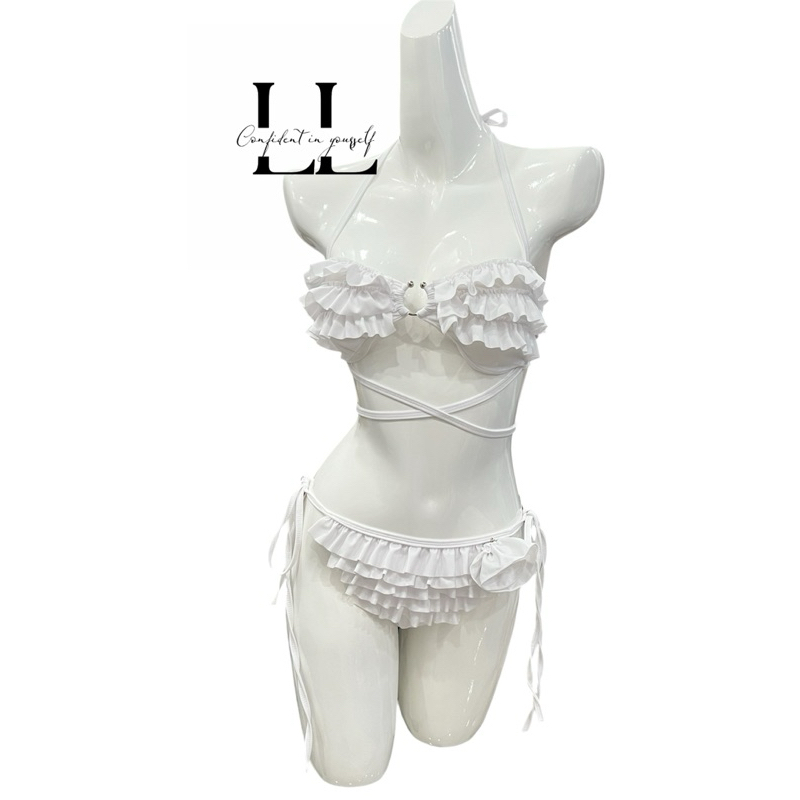 Bikini 2 Mảnh Nữ L&L BIKINI Đan Dây Bèo Tầng Có Mút Ngực Màu Trắng Đỏ Freesize Đi Biển - L20 | BigBuy360 - bigbuy360.vn