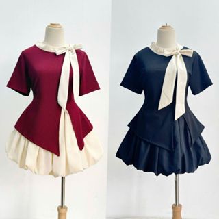 Set bộ bigsize Nữ tết noel 60-95kg áo thun kiểu vạt xẻ cột nơ xinh kèm chân váy bí bồng có quần bảo hộ - SET935